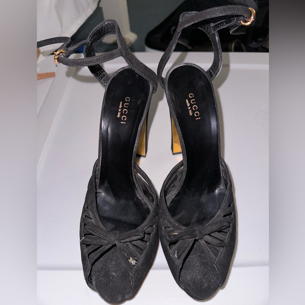 Vintage Gucci Suede Black Gold Mirrored Heel Sandals